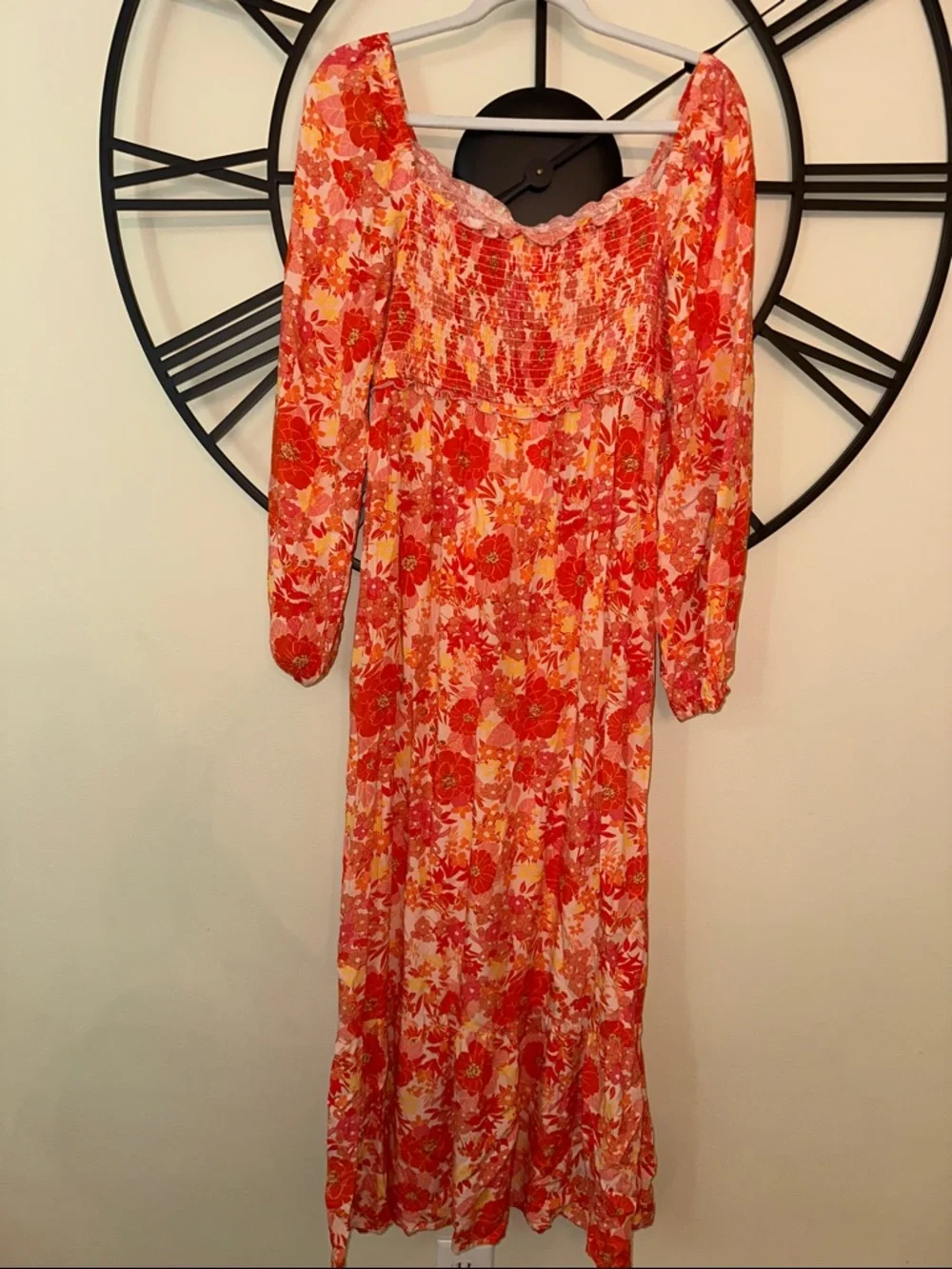 Floral Pink-orange Long Sleeve Maxi Dress beach maxi dress boho floral - Picture 6 of 7